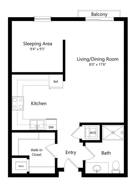 Floor plan for studio, 1 bath, 679 sqft